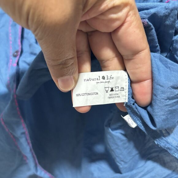 Natural Life 100% Cotton Blue Button Up Shirt Dress Gray Star Elbows L/XL - Picture 5 of 7